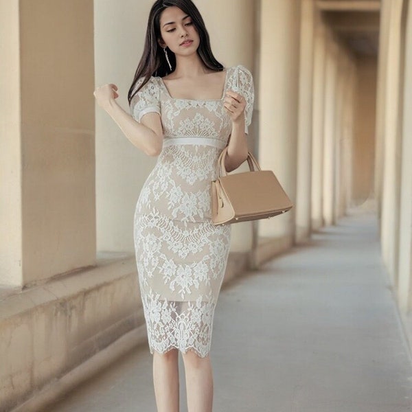 Lace Pencil Dress, Korean Dress, Elegant Dress, Party Dress, Women's Dress, Formal Dress, Long Sleeve,Night Dress, Wedding Dress, Dresses