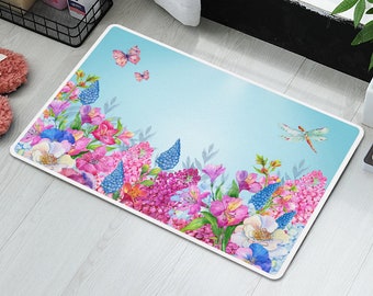 Tapis de sol antidérapant personnalisé - Floral bleu avec papillons - Tapis de sol décoratif