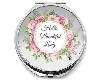 Miroir compact personnalisé - Miroir compact pour sac à main - Hello Beautiful Lady - Roses