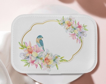 Custom Jewelry Box - Blue Bird with Alstroemeria Flowers - Travel Jewelry Case - Mother's Day Gift