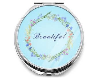 Miroir compact personnalisé - Miroir compact pour sac à main - Fleurs sauvages minimales Beautiful Blue