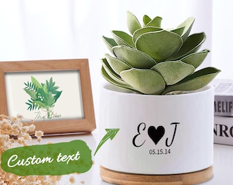 Custom Flower Planter Pot  - Personalized Ceramic Succulent Plant Pot with Bamboo Tray - Wedding Gift