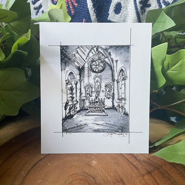 Abandoned Church Sketch| Handmade| Art print| Greyscale| Marker and ink