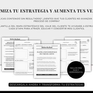 May include: Black and white printable worksheet with the text "OPTIMIZA TU ESTRATEGIA Y AUMENTA TUS VENTAS" at the top. The worksheet is a template for a customer journey map with the title "PLANTILLA MAPA ESTRATÉGICO DEL VIAJE DEL CLIENTE".