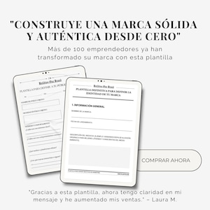 May include: A digital download template for building a brand identity. The template is titled "Building Your Brand" and includes sections for defining your target audience, brand name, launch date, and business description. The text "COMPRAR AHORA" is visible on a button in the lower right corner of the image. The text "*Gracias a esta plantilla, ahora tengo claridad en mi mensaje y he aumentado mis ventas." - Laura M." is visible at the bottom of the image.