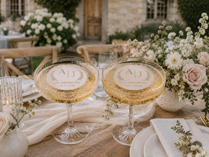 May include: Two champagne coupe glasses filled with a golden liquid, each with a circular label featuring the initials "A J" and the text "The Andersons 09.12.2026". The glasses are on a wooden table, with floral arrangements in the background.