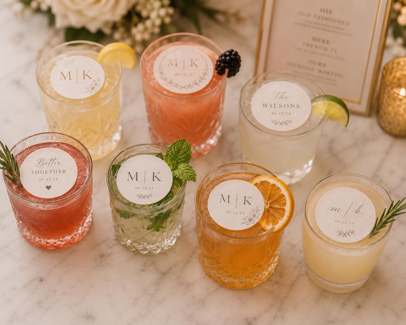 May include: An assortment of cocktails in crystal glasses, garnished with fruit and herbs. Each drink has a personalized circular label with initials or text. The drinks are arranged on a marble surface, with a decorative sign in the background.