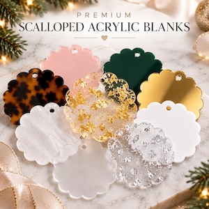 May include: A collection of round scalloped acrylic blanks featuring various finishes including solid pink, dark green, white, gold mirror, tortoise shell, clear, and clear with embedded gold or silver flakes, each with a small hole at the top.