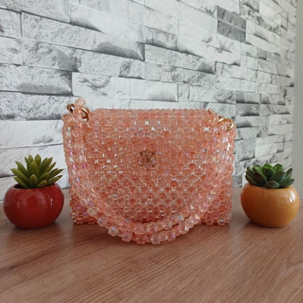 Crystal Cubic Pearl Beaded Bag, Coral Bag, Coral Bead Bag, Colorful Bead Bag, Handmade Bag, Beaded Bag, Personalized Bags, Bags