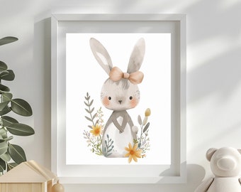 Cute Bunny Woodland Nursery Print, Nursery Décor, Girl Nursery Prints, Nursery Wall Art, Woodland Nursery Art, Kids Room Easter Wall Art