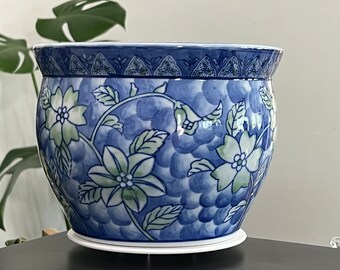 Vintage Chinese Chinoiserie blauw en wit/groen keramische plantenbak 8"X6"