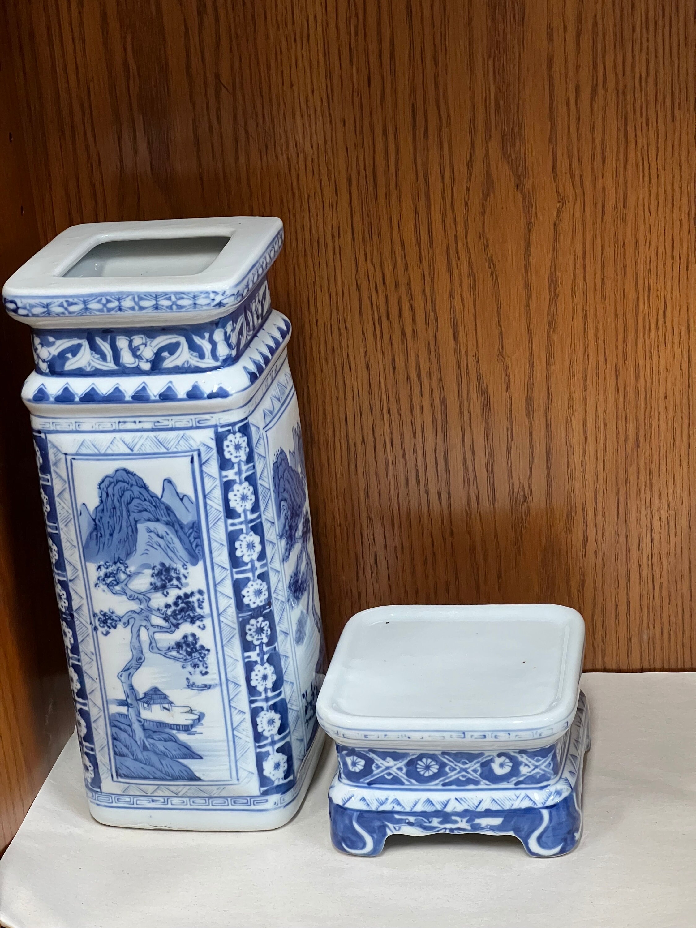 Vintage Chinoiserie Blue and White Porcelain Vase With Pedestal Base ...