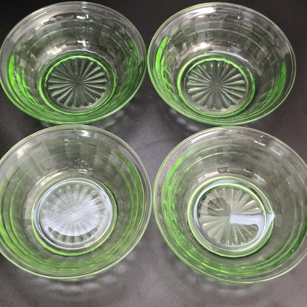 Anchor Hocking Block Optic Green Depression Glass,  dessert bowl,  uranium glass Set of 4