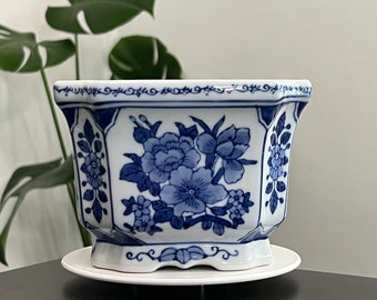 Vintage blauw-witte chinoiserie vierkante bonsai plantenbak