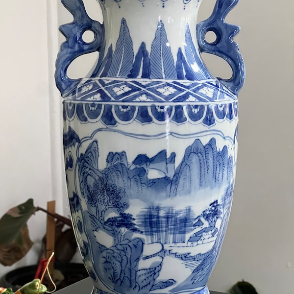 Vintage Blue & White  Chinoiserie Vase 12”Tall