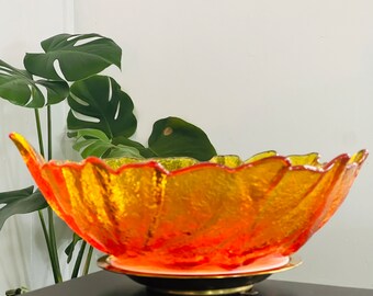 Vintage Handmade Blenko Glass Dishes Amber/Topaz Leaf Shaped Large Bowl Cadmium Glows   12”X10 1/2”X 4 1/4”