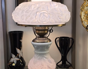 Rare Vintage Fenton “Puffy Rose” Blue Cased Milk Glass Gone With the Wind Lamp