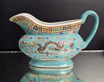 Vintage Chinese Turquoise Porcelain Gravy Boat  w/ Dragon Motif – Hand Painted Rare