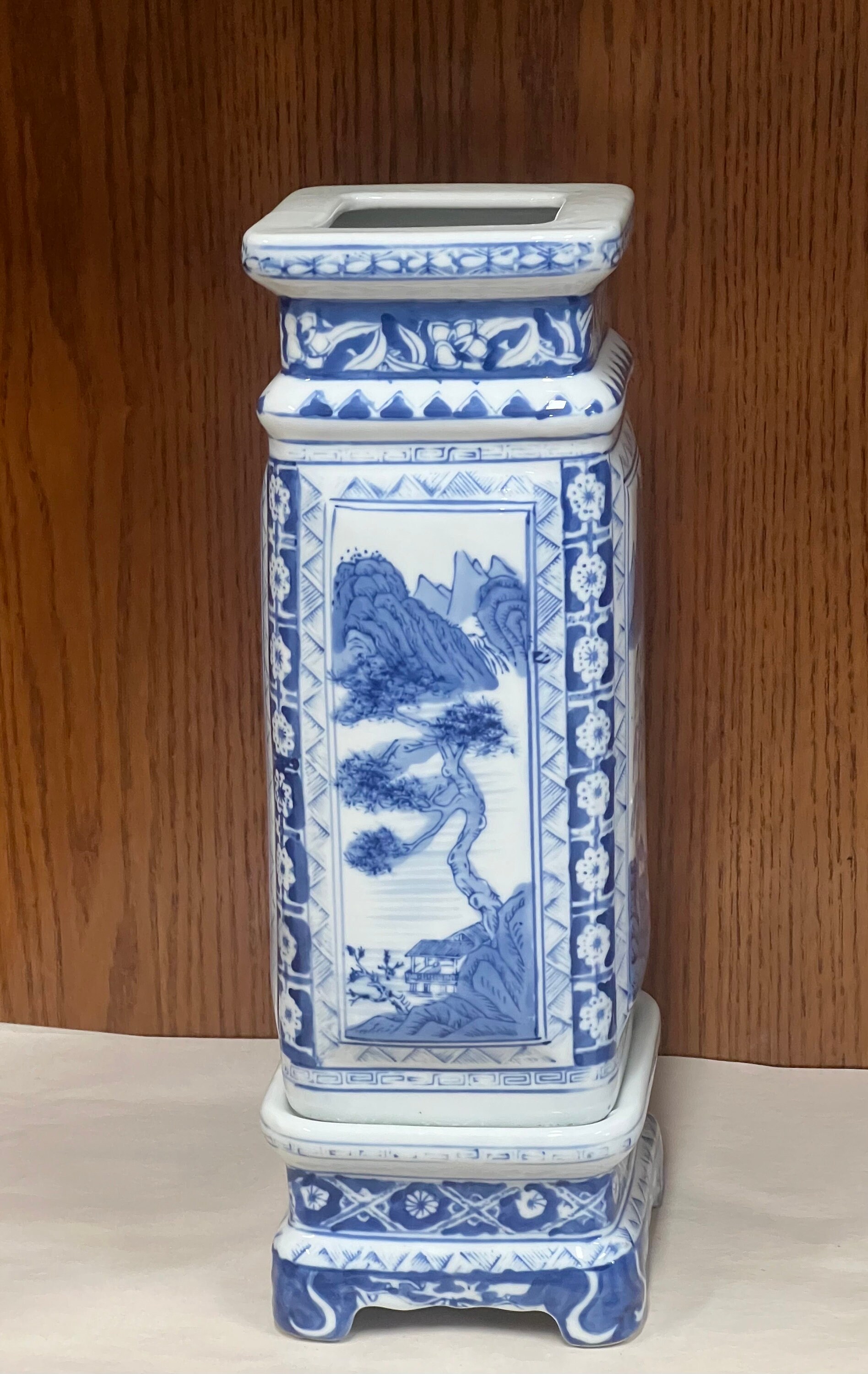 Vintage Chinoiserie Blue and White Porcelain Vase With Pedestal Base ...