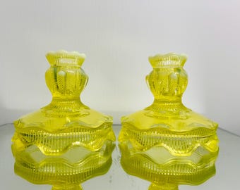 Pair of Fenton Cactus No. 3474 Candlesticks Topaz Opalescent Vaseline Glass