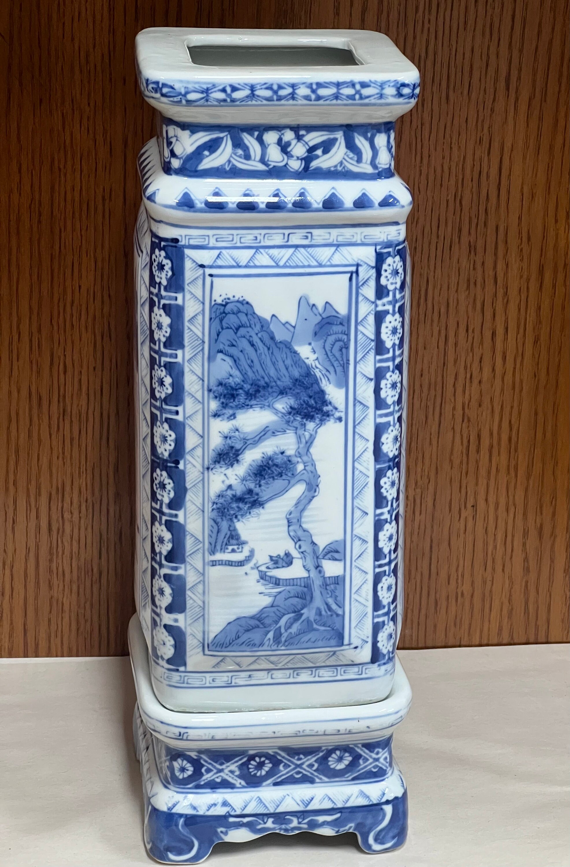 Vintage Chinoiserie Blue and White Porcelain Vase With Pedestal Base ...