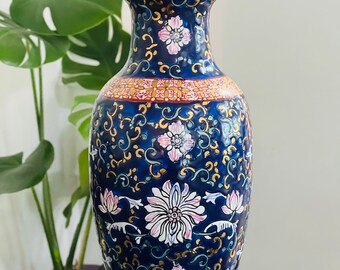 Vintage Chinese Chinoiserie Blue Enamel Porcelain Vase 10”