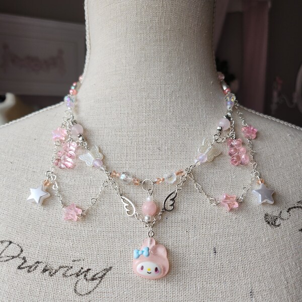 Collier de perles fait main (Rose/Argent)