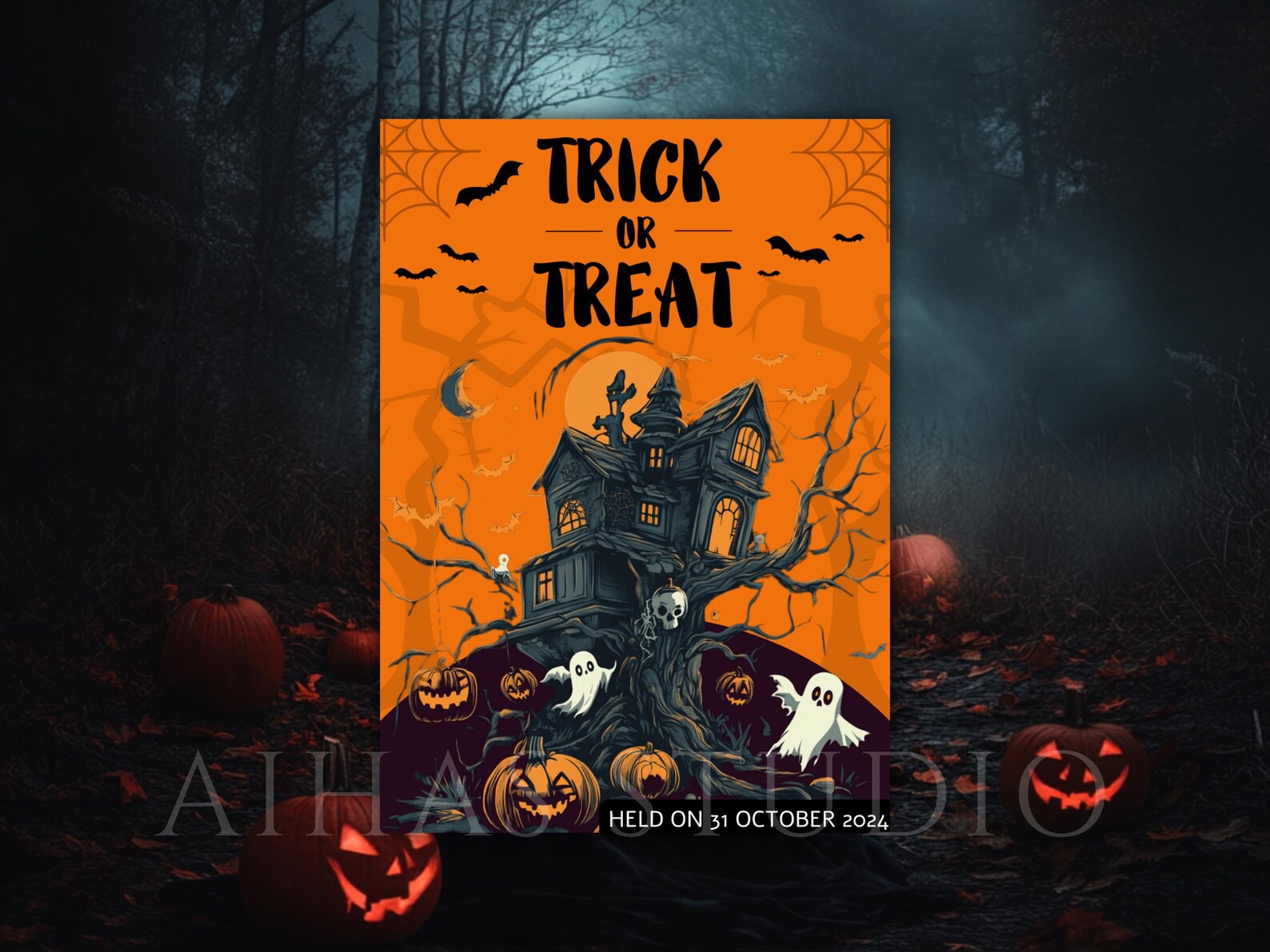 Editable Halloween Party Invitation | Spooky Pumpkin Bat Ghost Theme ...