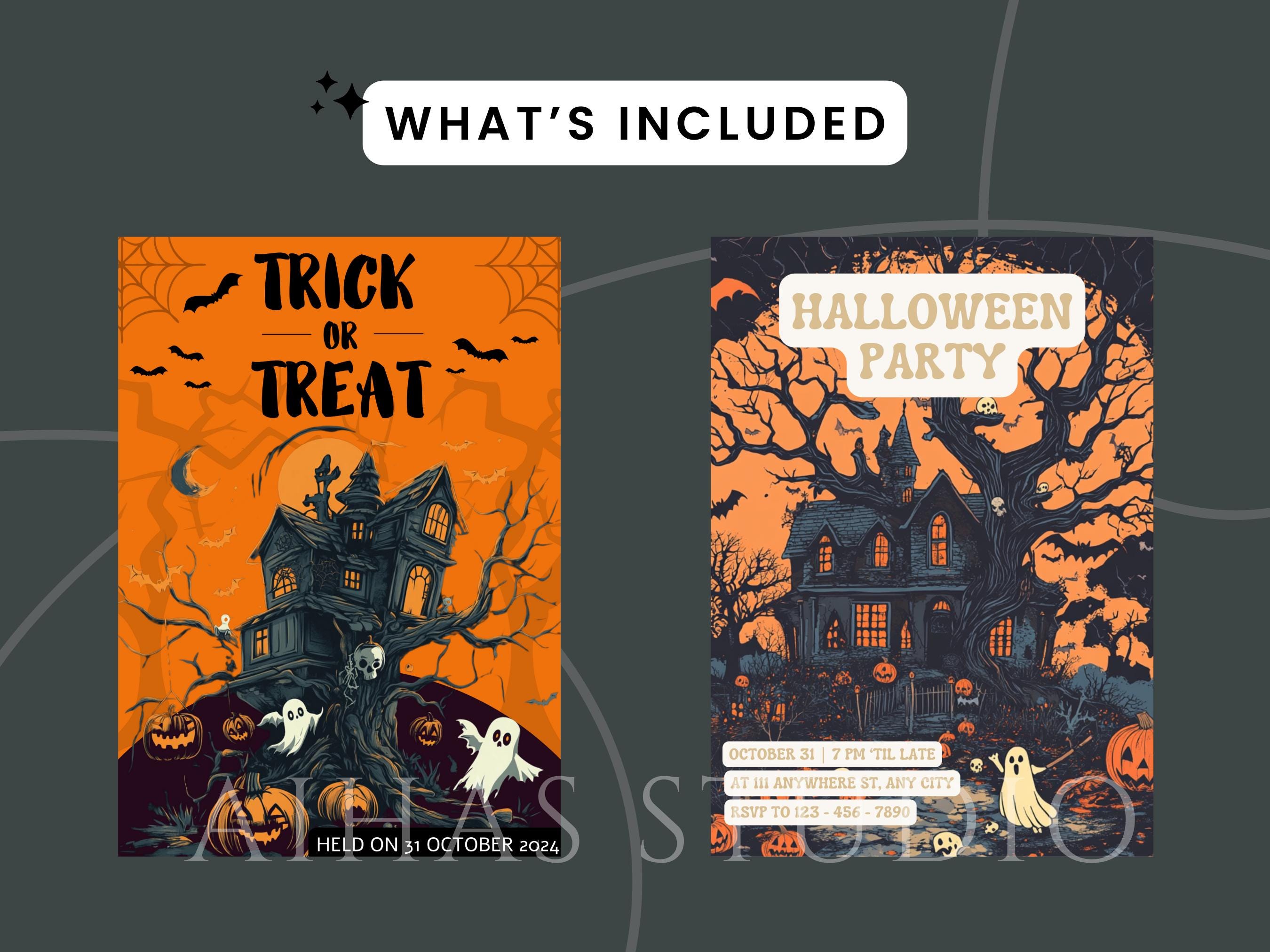 Editable Halloween Party Invitation | Spooky Pumpkin Bat Ghost Theme ...