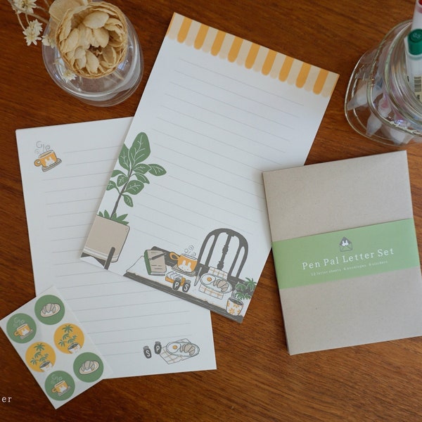 Cozy cafe pen pal letter set, letter writing set, handmade pen pal kit, gift for friend, illustrated letter writing stationery set
