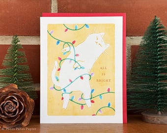 Tangled Cat Christmas Card, Handmade holiday cards