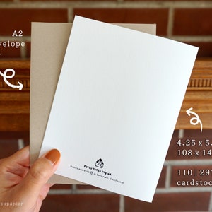 Contains A2 sized kraft envelope and a 4.25 by 5.5 inch / 108 by 140 millimeter folded card.

Thick 110 pound card stock.