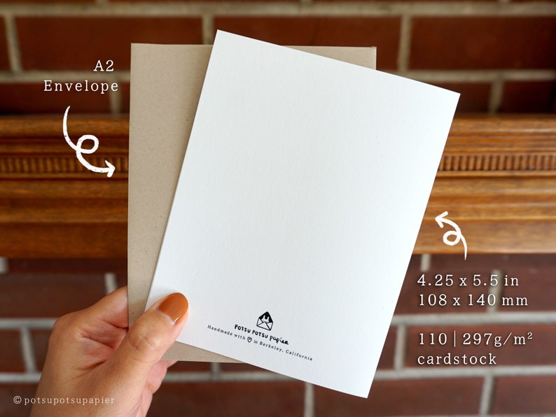 Contains A2 sized kraft envelope and a 4.25 by 5.5 inch / 108 by 140 millimeter folded card.

Thick 110 pound card stock.