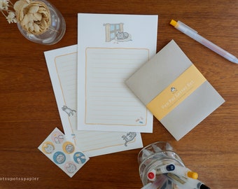 Sunbathing cat pen pal letter set, letter writing set, handmade pen pal kit, gift for friend, illustrated letter writing stationery set