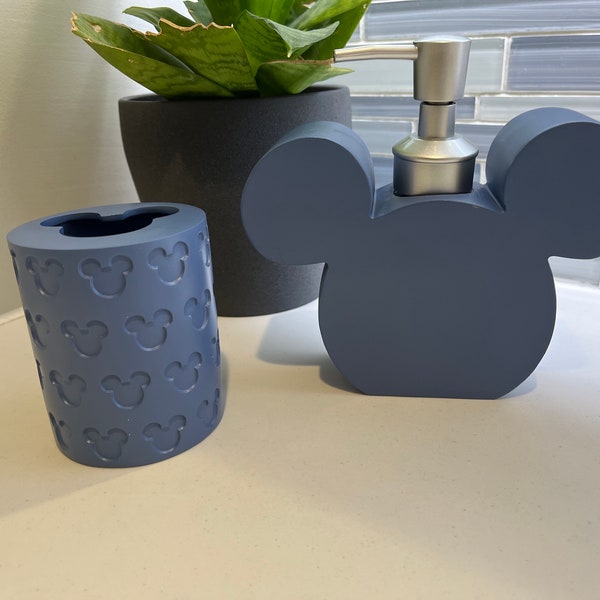 Steel Blue Mickey Mouse Bathroom Set, Soap Pump, Lotion Pump, Toothbrush Holder