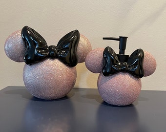 Minnie Mouse Bathroom Set , Cosmetic Holder, Brush Holder, Toothbrush, Makeup, Soap, Lotion Dispenser, Pink, Glitter, Sparkles
