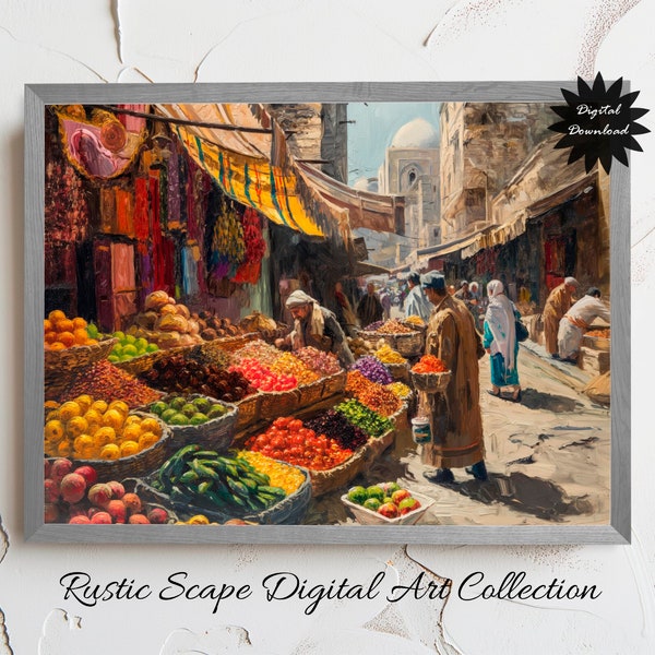 Vibrant Marketplace Digital Painting, Exotic Fruit Vegetable Bazaar Scene Download