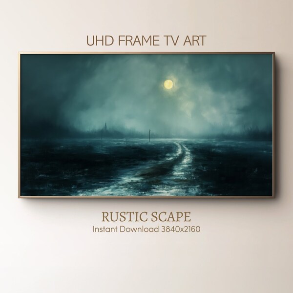 Frame TV Art | Vintage Oil Painting | Moonlit Night Digital Painting | Downloadable Landscape for Samsung Frame | Atmospheric Road Artwork