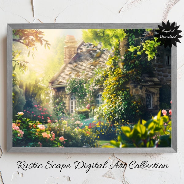 Cottagecore Digital Art Print, Enchanted Cottage Garden Scene, Instant Download, Home Wall Decor, Fairy Tale House Artwork