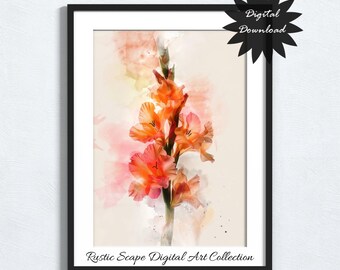 Gladiolus Blumenkunst, August Geburtsmonat Blumen Aquarell, Sofort Download druckbare Wanddekoration