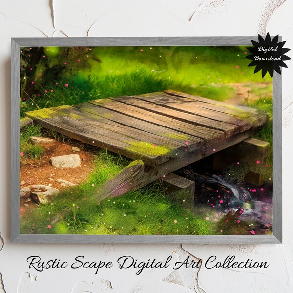 Enchanted Forest Wooden Bridge Digital Art, Mystical Nature Printable Wall Decor, Instant Download