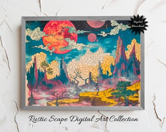 Surreal Landscape Art Print, Vibrant Fantasy Alien Planet, Instant Digital Download for Home Decor