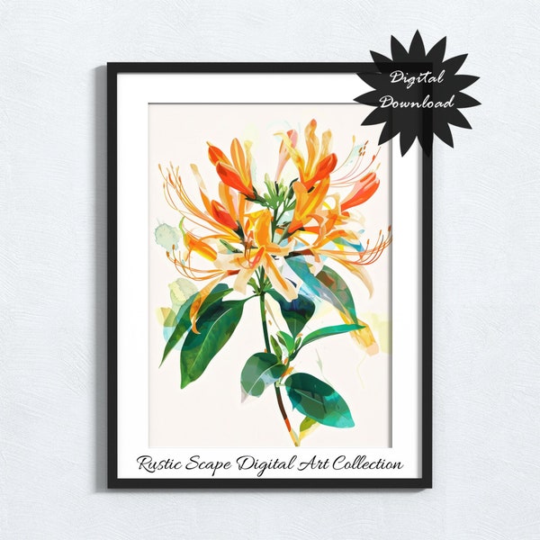 Honeysuckle June Birth Flower Digital Print, Instant Download, Watercolor Honeysuckle Art, Printable Floral Decor