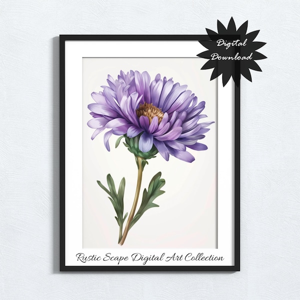 Aster Flower Printable Art, September Birth Month Floral Digital Download, Beautiful Purple Aster Home Decor Wall Art