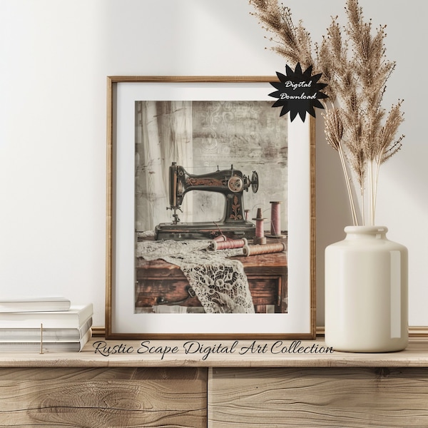 Vintage Sewing Machine Digital Print, Old Fashioned Tailor Room Decor, Instant Download Wall Art