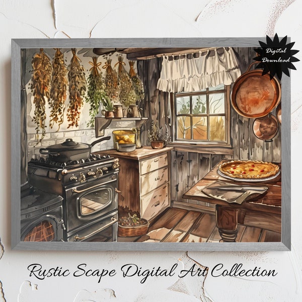 Rustic Kitchen Digital Art Print, Vintage Cottagecore Home Decor, Instant Download Cozy Interior Illustration