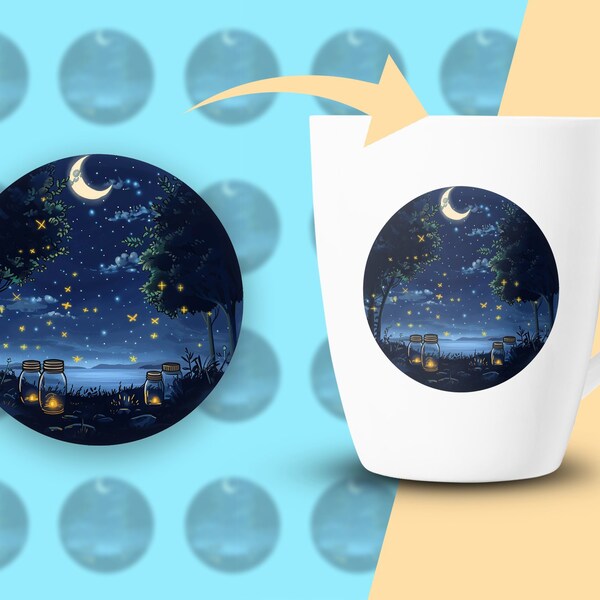 Night Sky Digital Clipart, Starry Night Instant Download, Moonlit Firefly Jar Landscape, Transparent PNG and SVG, 300 DPI, Southern Charm