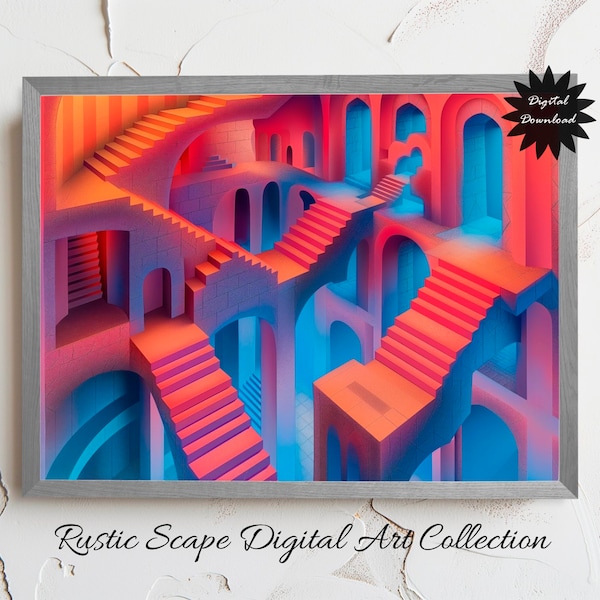 Surreal Staircase Art Print, Colorful Abstract Digital Download, Home Office Wall Decor, Unique Modern Printable Artwork