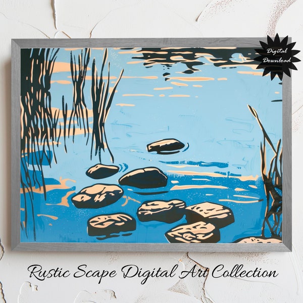 Serene Lake Scene Digital Print, Calming Water and Stones Wall Art, Cottagecore Home Decor