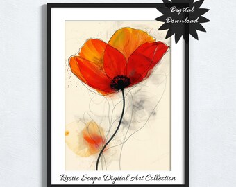 Mohnblumenkunst, Botanischer Druck im Geburtsmonat August, leuchtend orange, digitaler Download